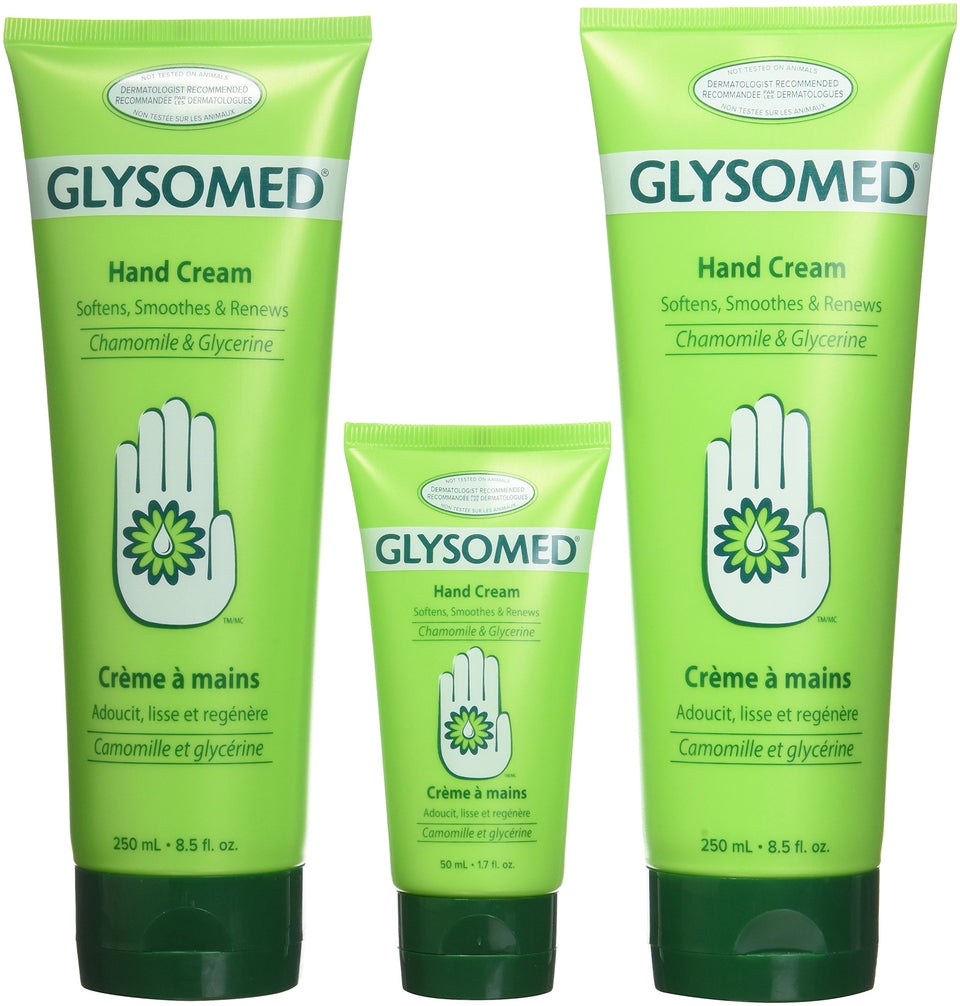 Glysomed front packaging showing three tubes and hydration benefit