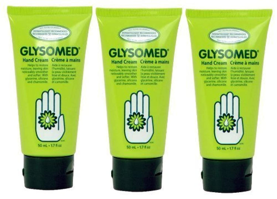 Glysomed front packaging trio showing three travel tubes and product benefits