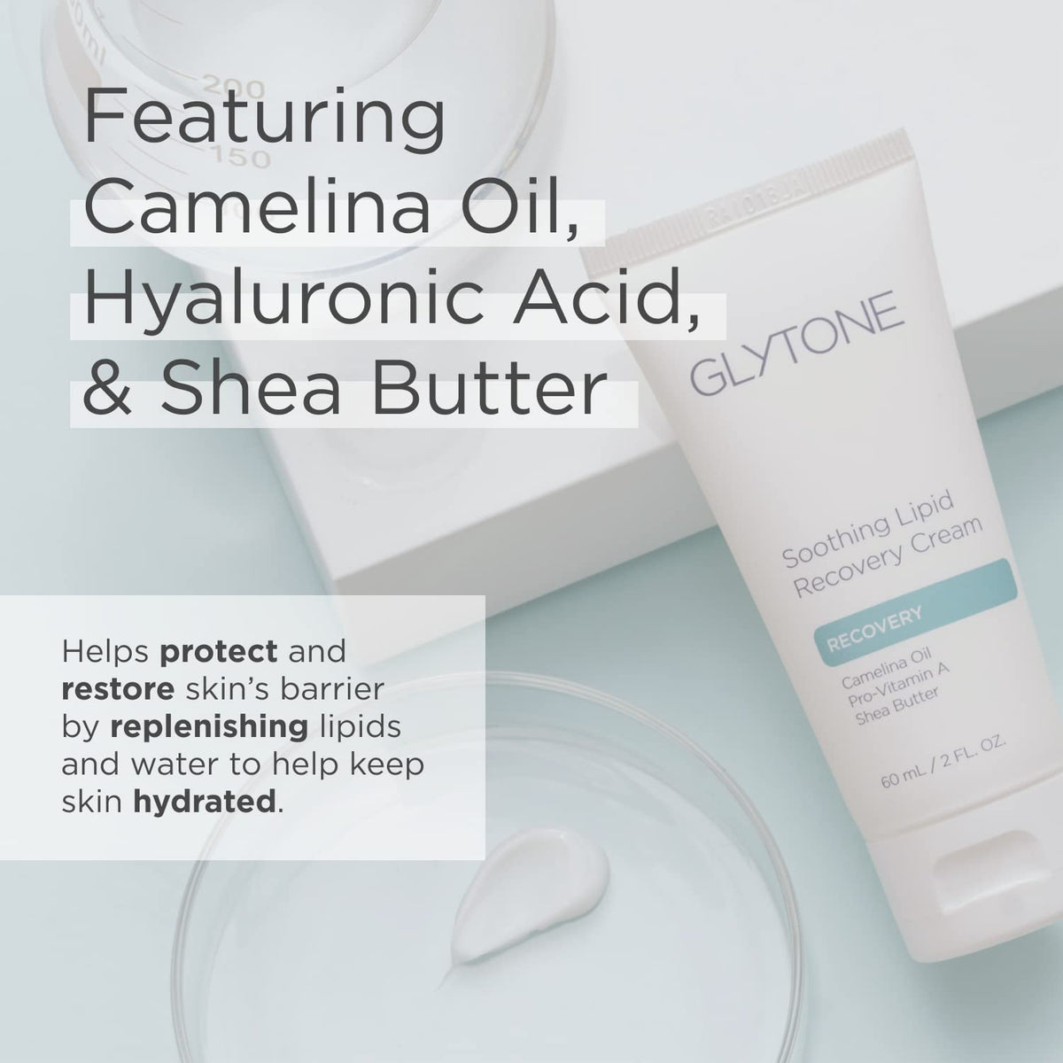 GLYTONE hand applying cream to cheek to demonstrate soothing effect