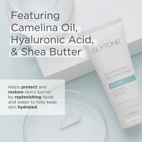 GLYTONE hand applying cream to cheek to demonstrate soothing effect