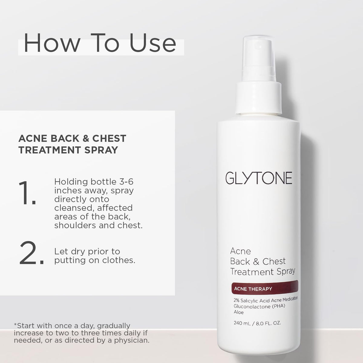 Glytone application on back in use demonstrating reach and convenience for bacne
