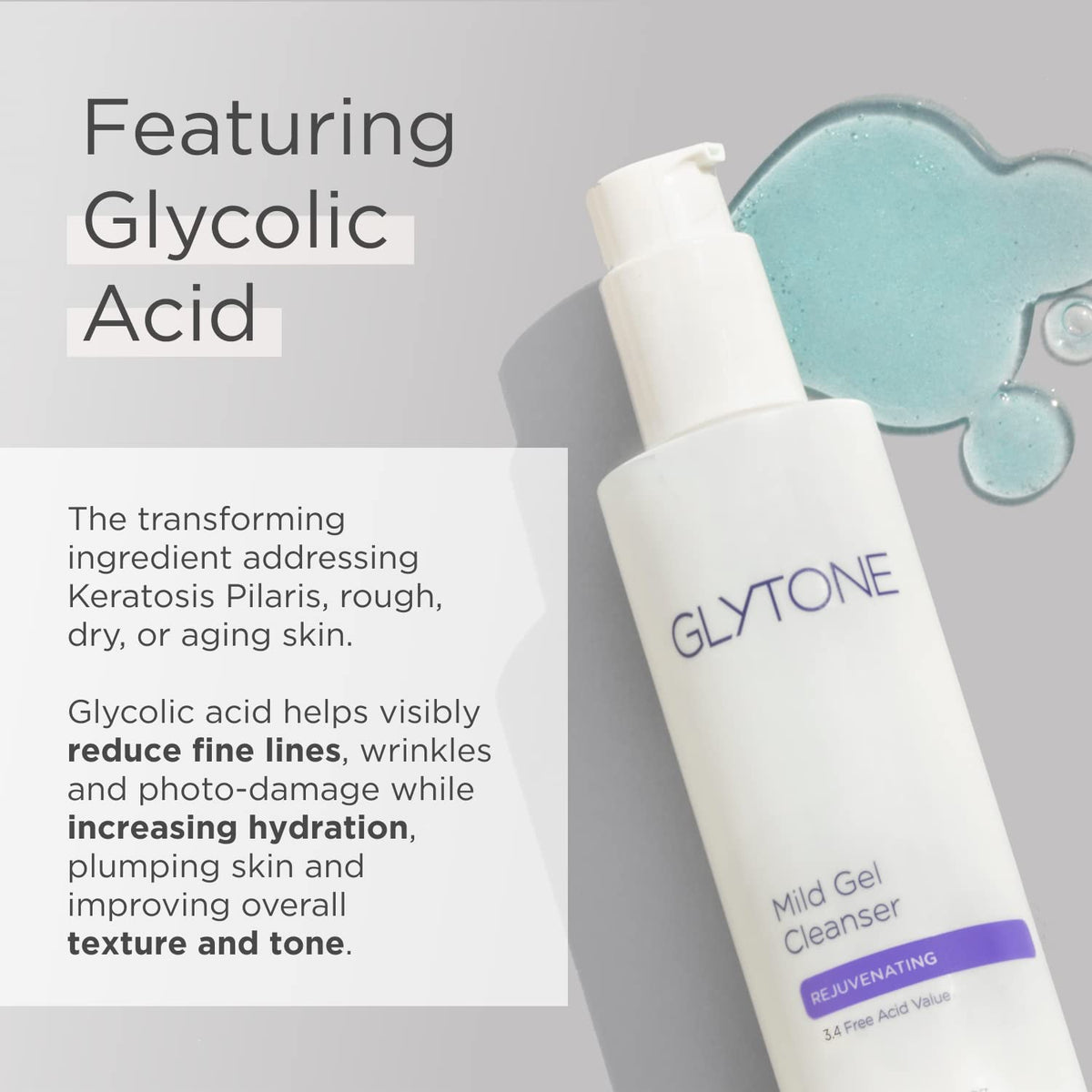 GLYTONE close-up ingredients label highlighting glycolic acid concentration and benefit