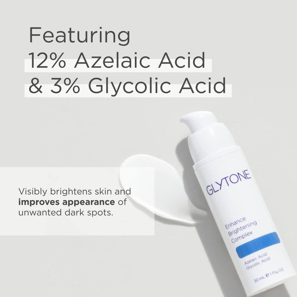 Glytone ingredient label close-up showing azelaic and glycolic percentages
