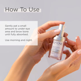 Applying Glytone under-eye cream demonstrating reduced puffiness benefit