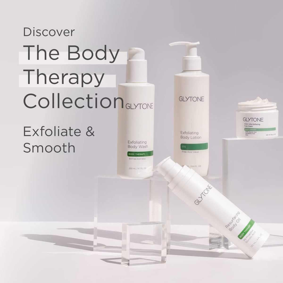 GLYTONE in bathroom setting as part of a foot care routine for restoration