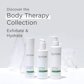 GLYTONE bottle on bathroom shelf lifestyle shot encouraging daily use