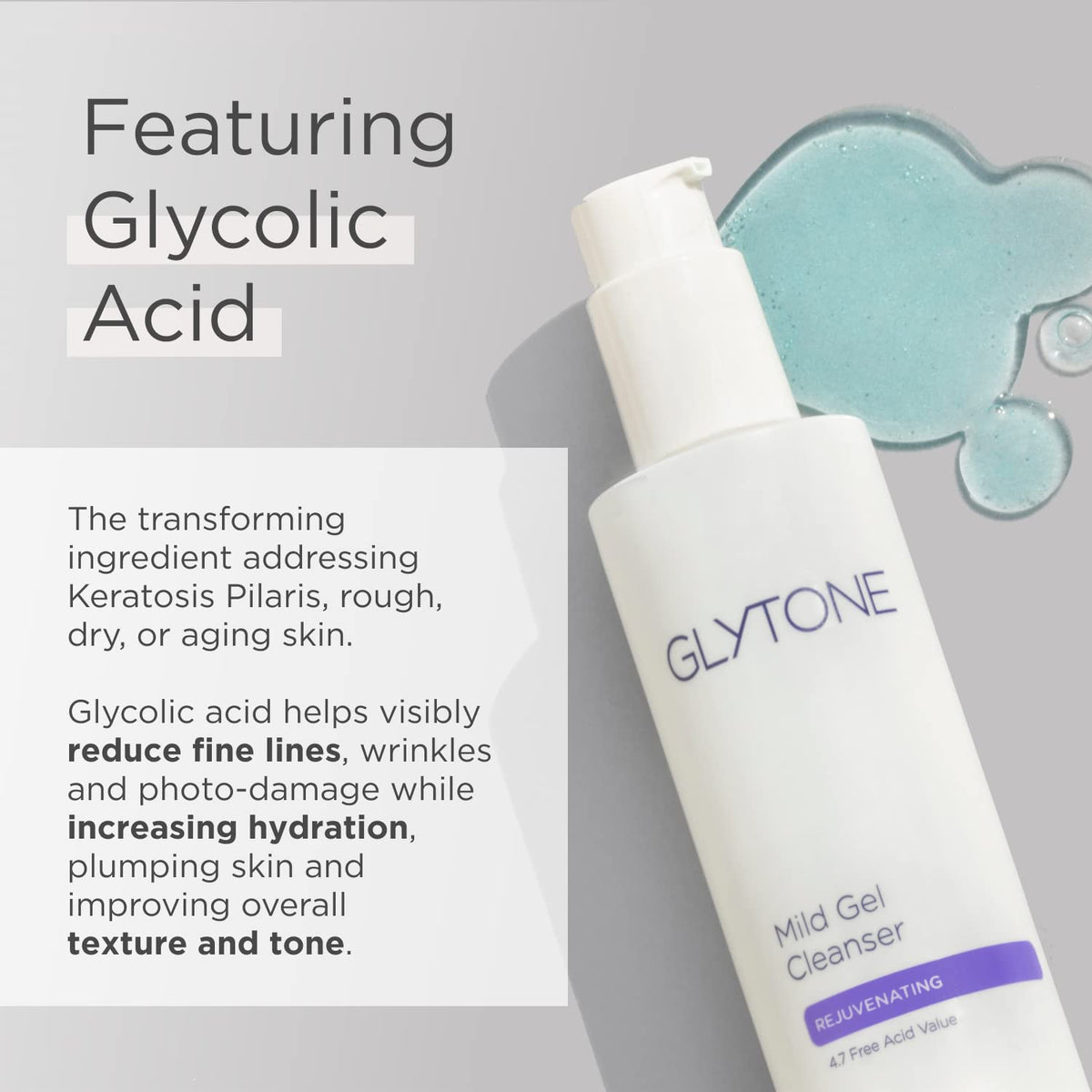 GLYTONE pump dispense of gel demonstrating easy application and travel-friendly convenience benefit