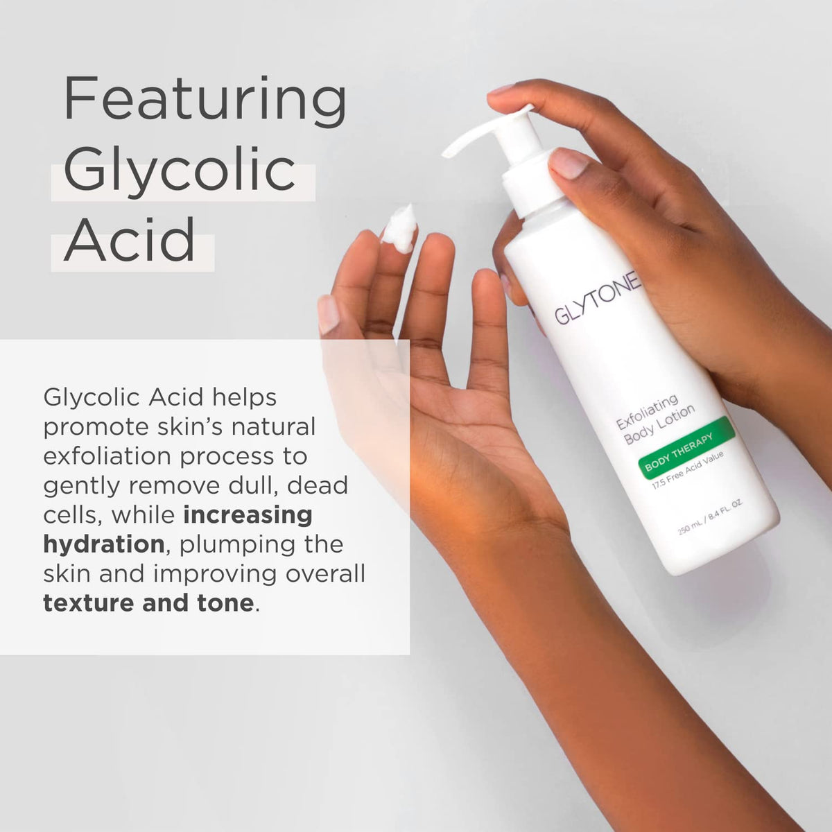 GLYTONE close-up of glycolic acid droplet and texture, highlights active exfoliation benefit