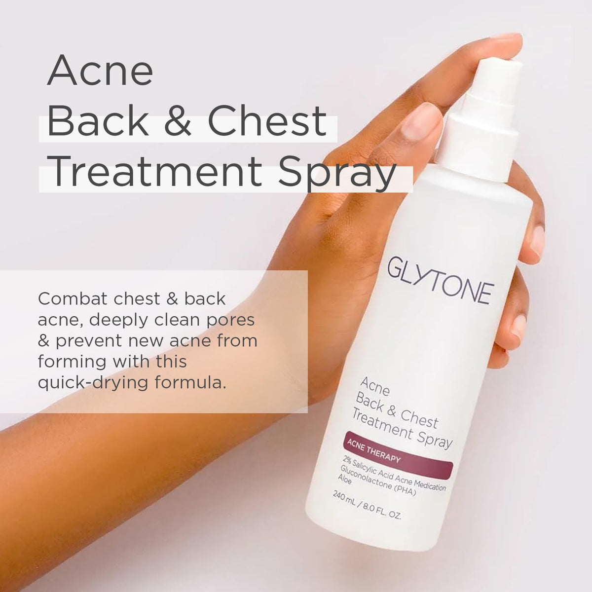 Glytone upside-down pump detail highlighting applicator for targeted back treatment