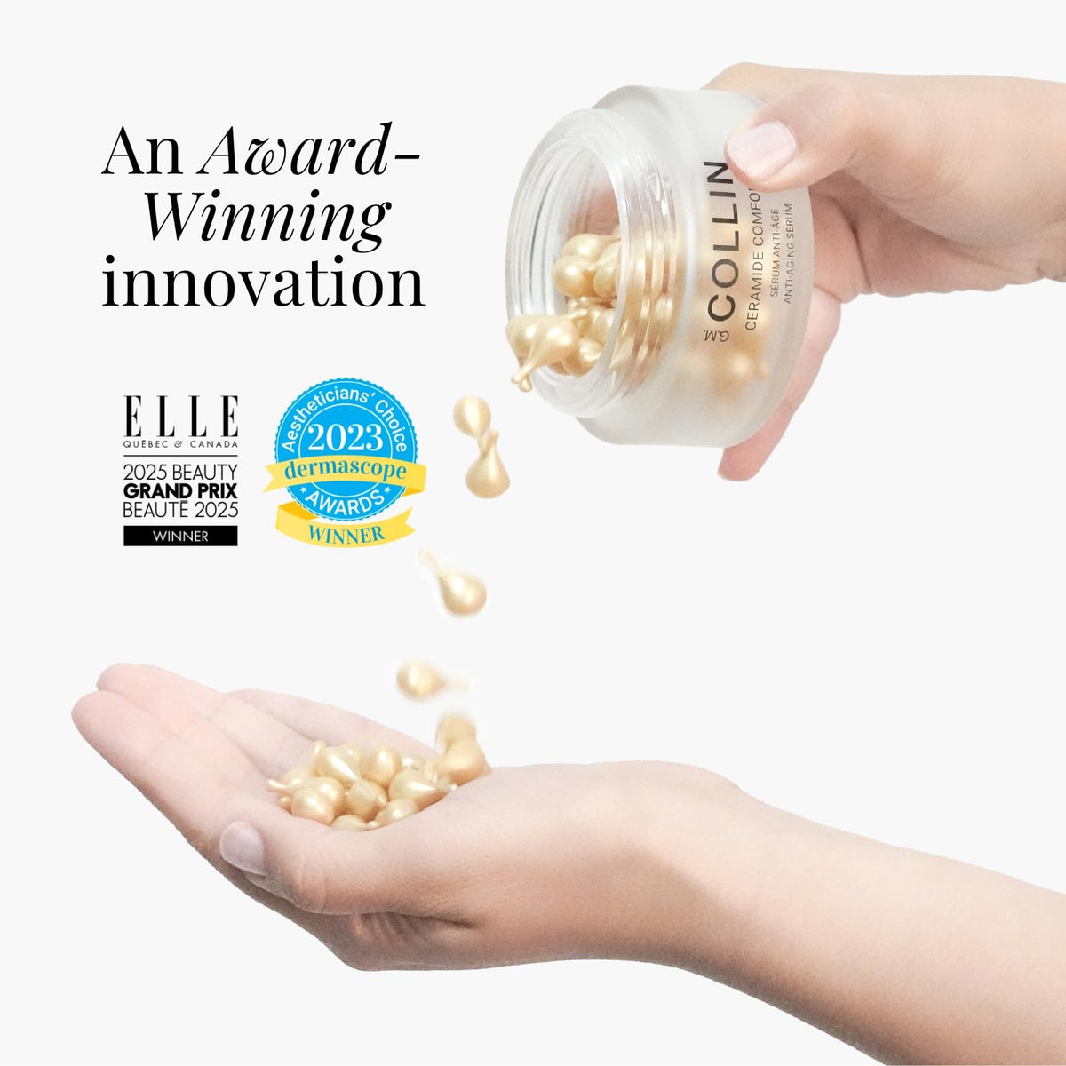 G.M. COLLIN capsules on a bathroom vanity, convenient travel and routine