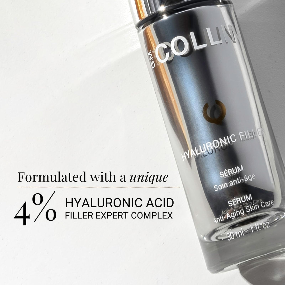 G.M. COLLIN 30ml bottle beside common items to show compact size and travel benefit