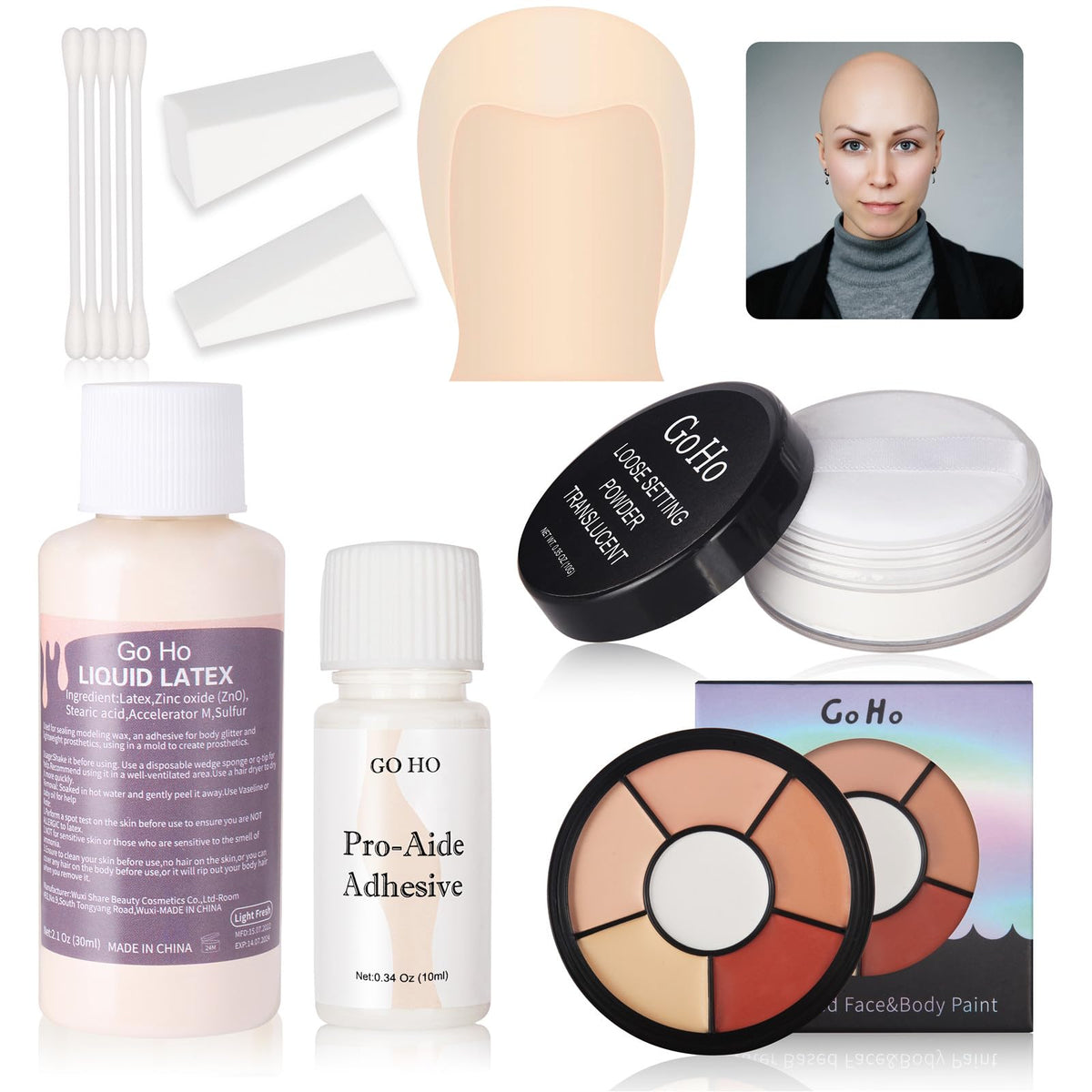 Go Ho front packaging showing full 8-piece bald cap kit and contents for convenience