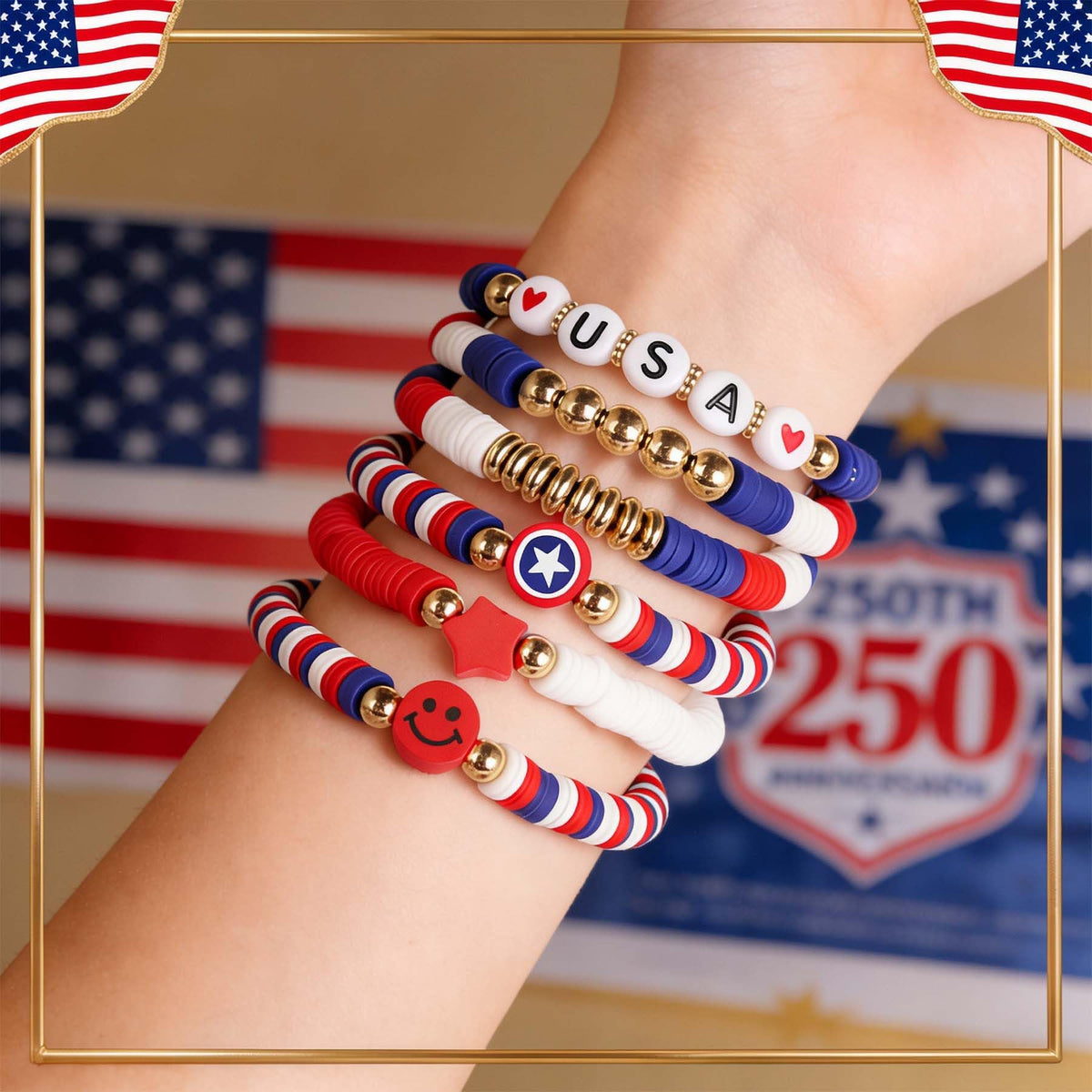 Go Ho red white blue bead necklaces laid flat for sharing or décor
