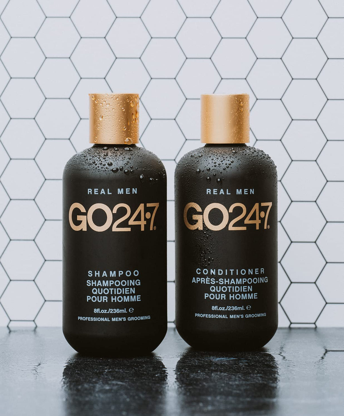 GO247 8 fl oz bottle next to common items showing true size and travel convenience
