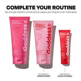 Goddess Maintenance shampoo on salon counter during styling for professional-care benefit