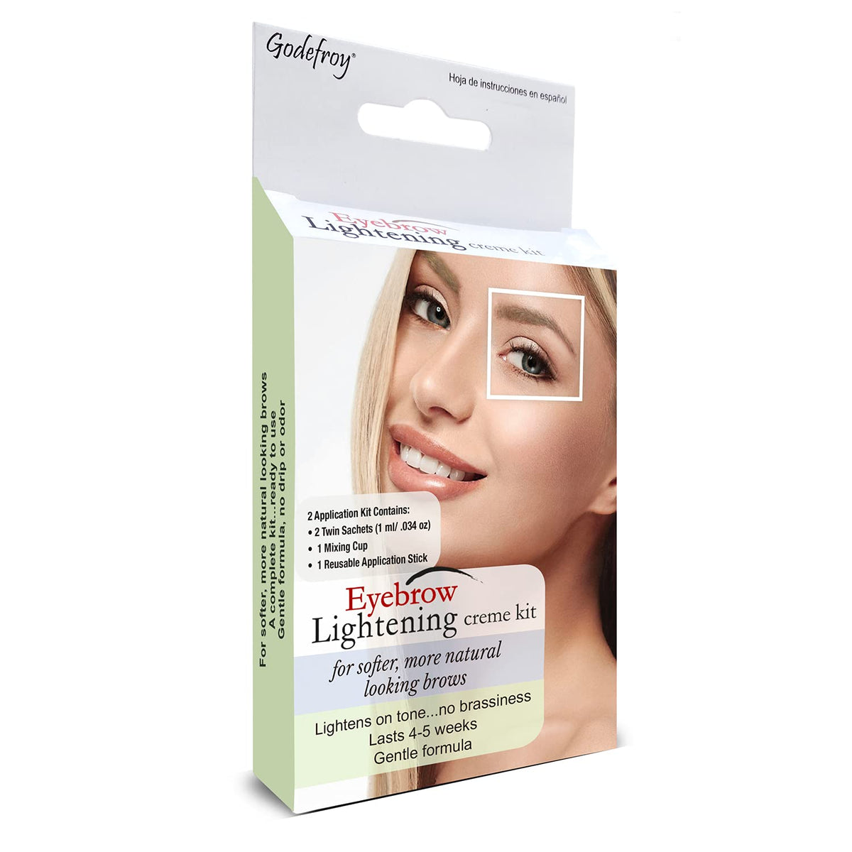 Godefroy kit front packaging showing product and benefits for at-home eyebrow lightening