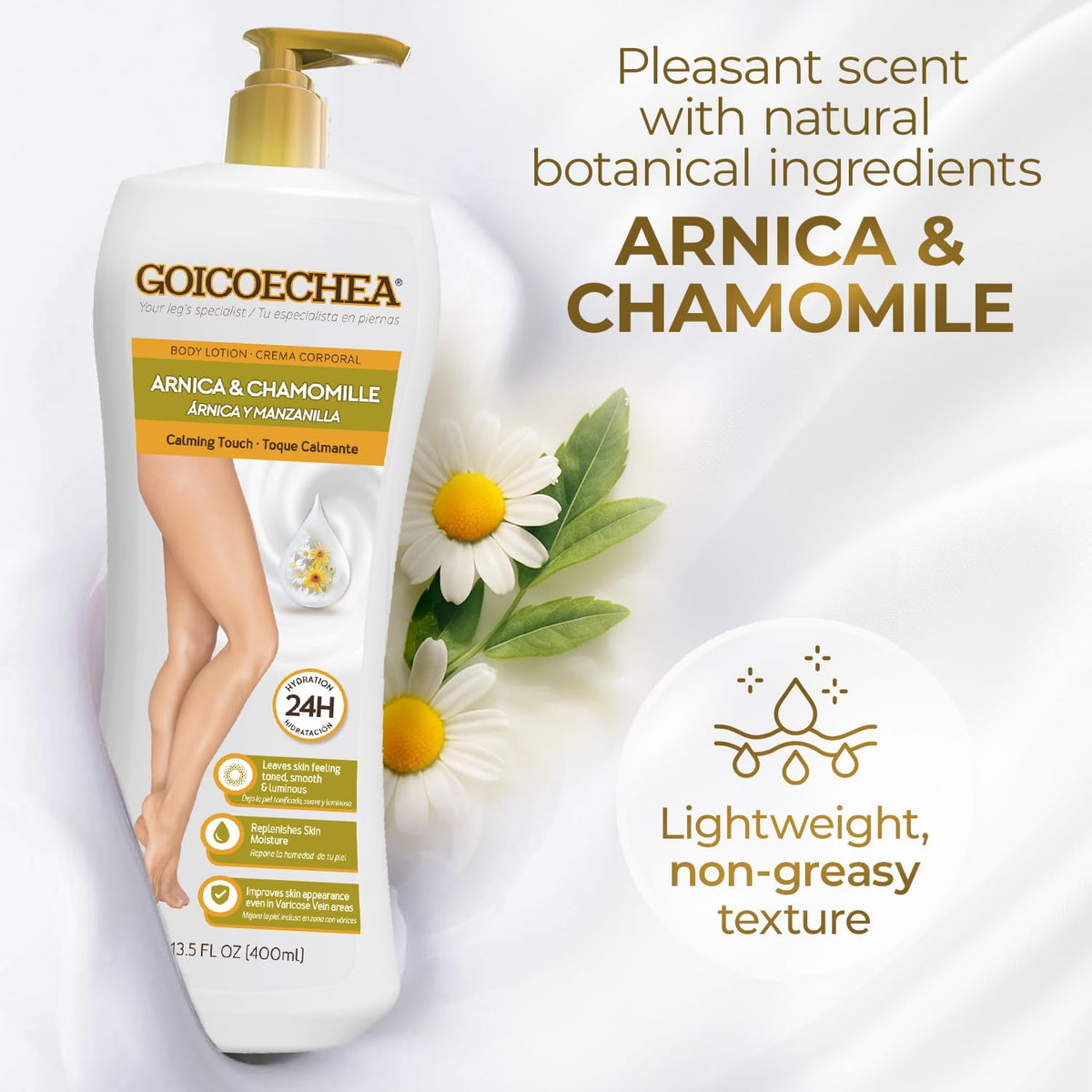 Goicoechea arnica and chamomile ingredient visual conveying calming benefits