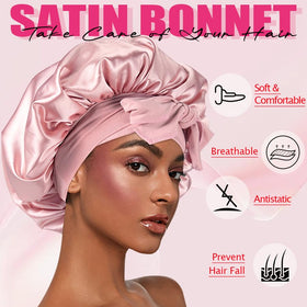 Model wearing Goiple satin braid bonnet protecting hairstyle overnight