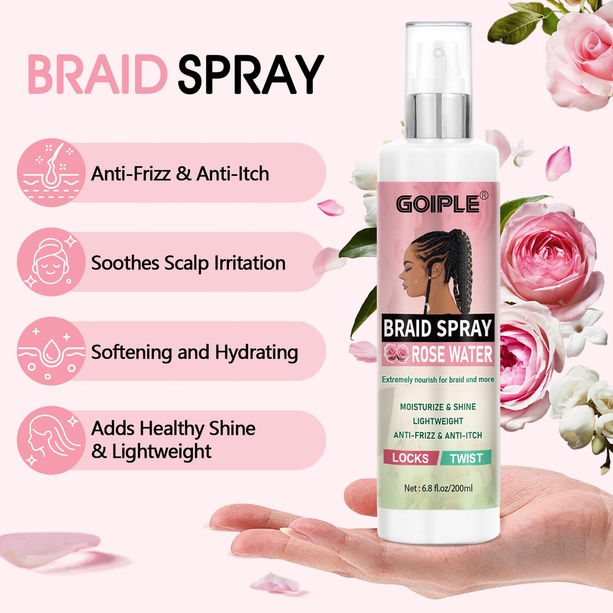 Close-up of Goiple label highlighting product name and usage benefits for clear information