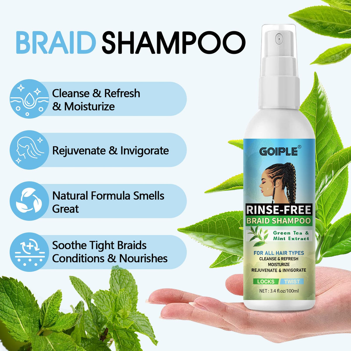 Mist spraying from Goiple bottle demonstrating quick, even application to braids and scalp