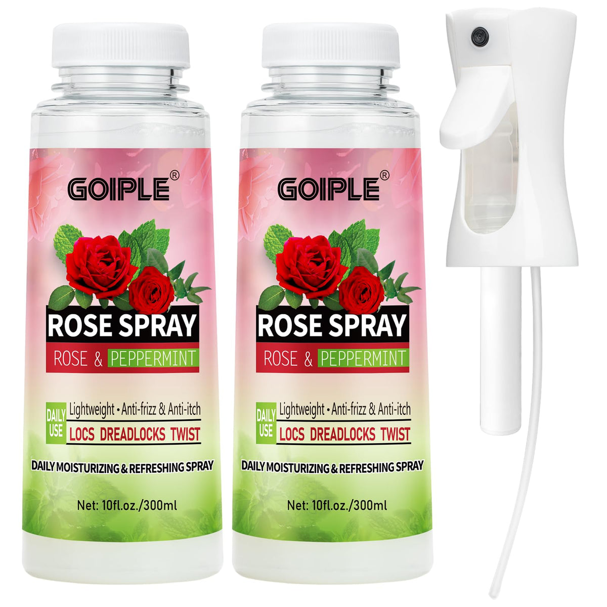 Goiple bottle front packaging showing rose water loc spray benefit moisture