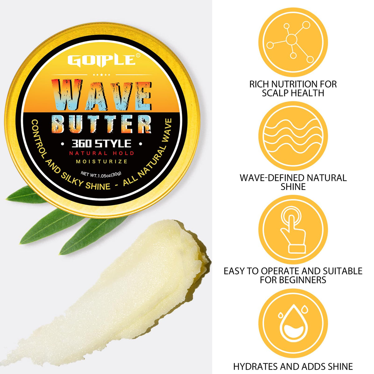 Goiple open tub revealing wave pomade consistency and easy scoop benefit