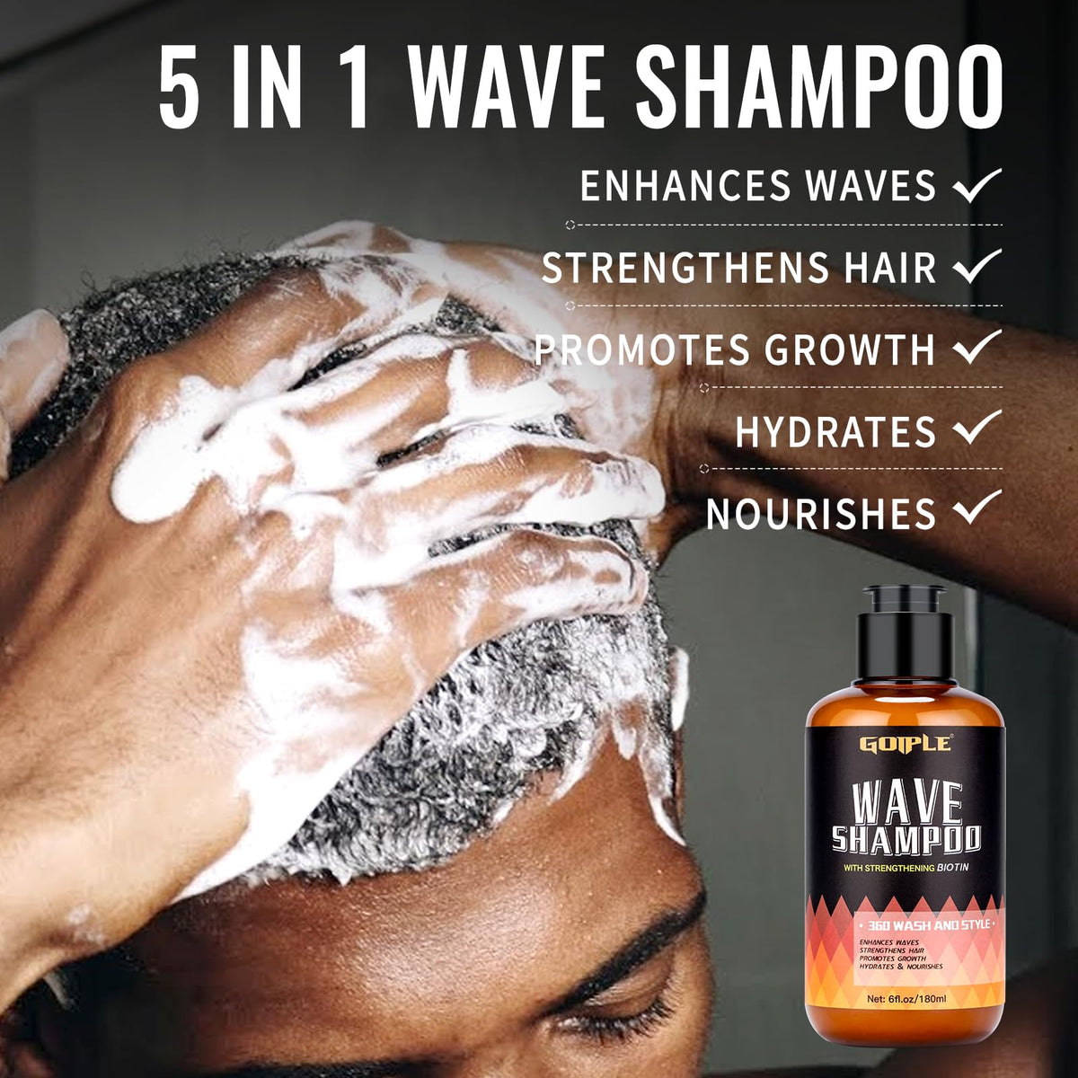Goiple shampoo bottle label detail showing ingredients and gentle cleansing benefit