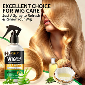 Goiple spray applied to wig held in hands for gentler detangling and conditioning