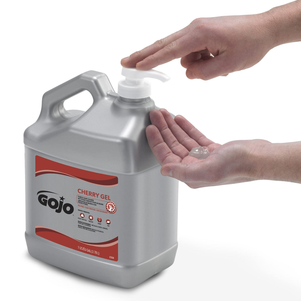 GOJO pump dispensing gel onto hand for quick, controlled application