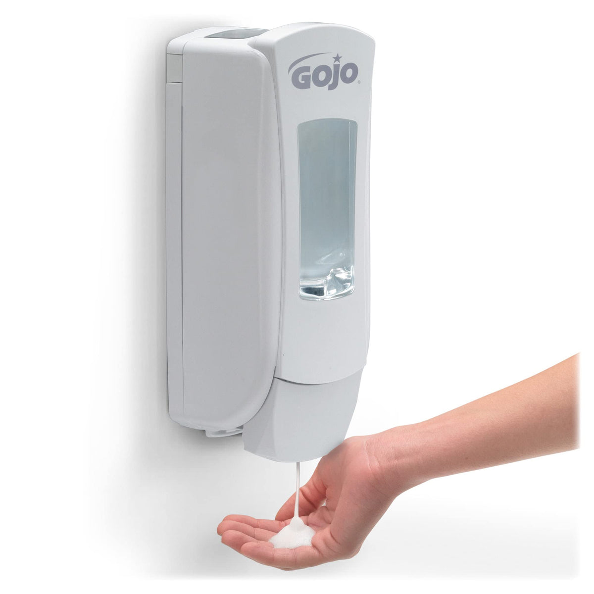 GOJO refill in a clean restroom setting showing reduced countertop clutter