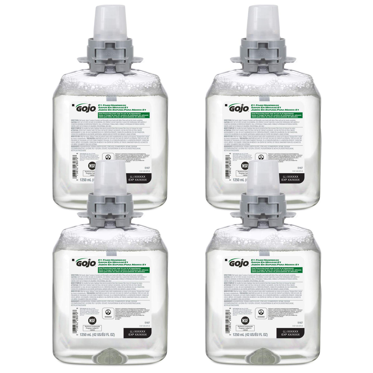 GOJO E1 refill front label showing product name and certifications for easy identification and compliance