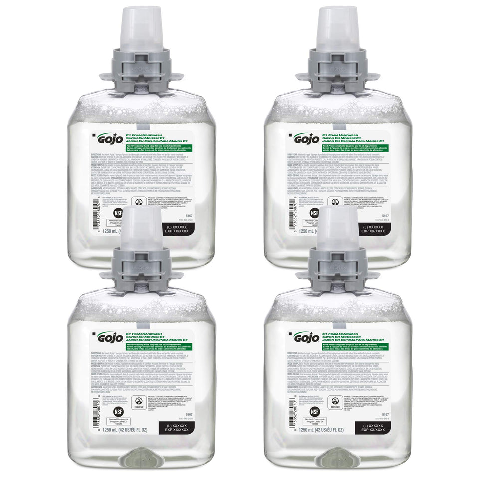 GOJO E1 refill front label showing product name and certifications for easy identification and compliance