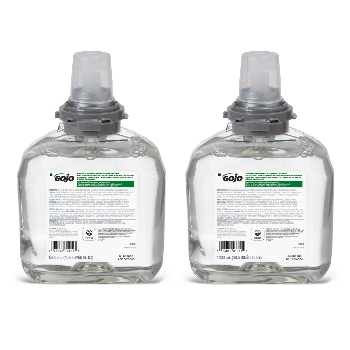 GOJO front packaging showing 1200 mL refill and sustainability labels, supports eco goals