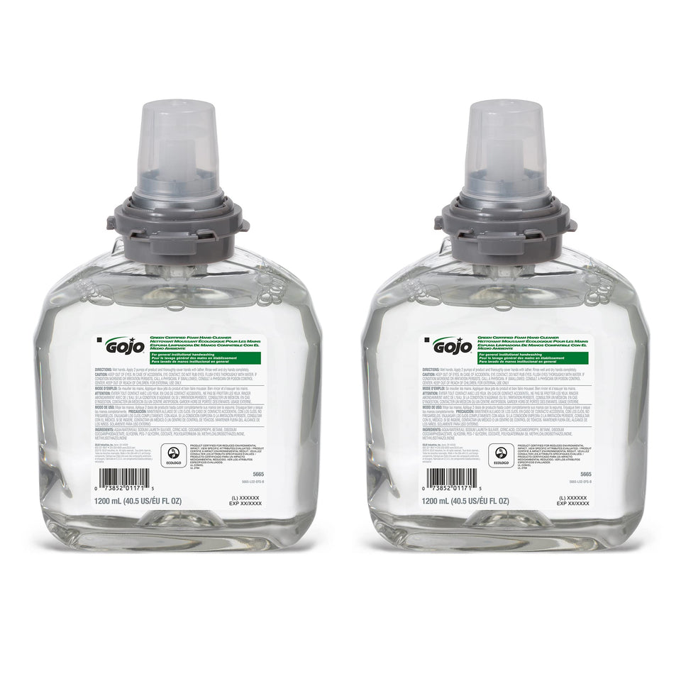 GOJO front packaging showing 1200 mL refill and sustainability labels, supports eco goals