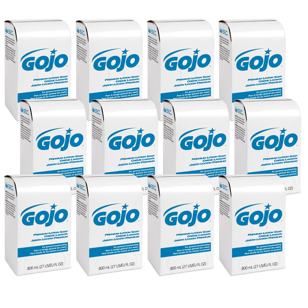 GOJO front packaging showing 800 mL waterfall refill and easy restocking benefit
