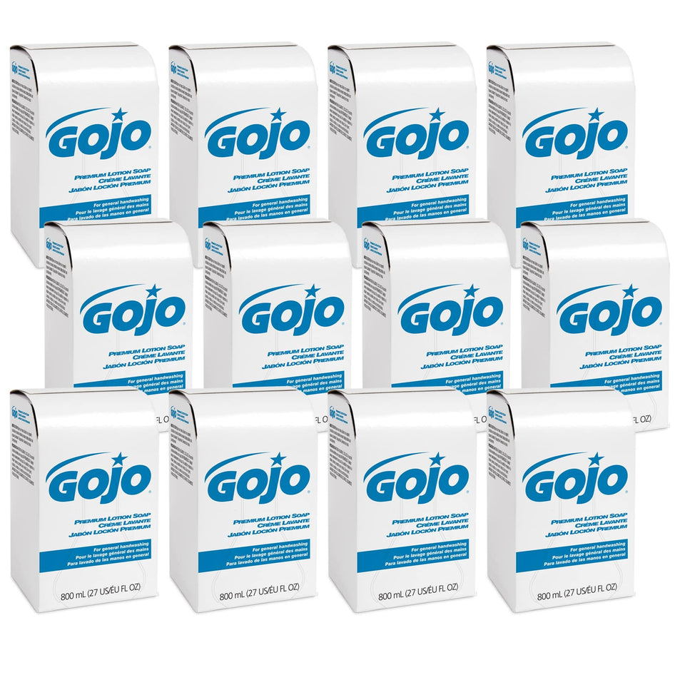 GOJO front packaging showing 800 mL waterfall refill and easy restocking benefit