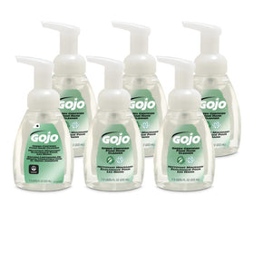 GOJO front packaging showing six 7.5 fl oz foam bottles and eco-certification benefits