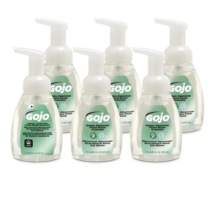 GOJO front packaging showing six 7.5 fl oz foam bottles and eco-certification benefits