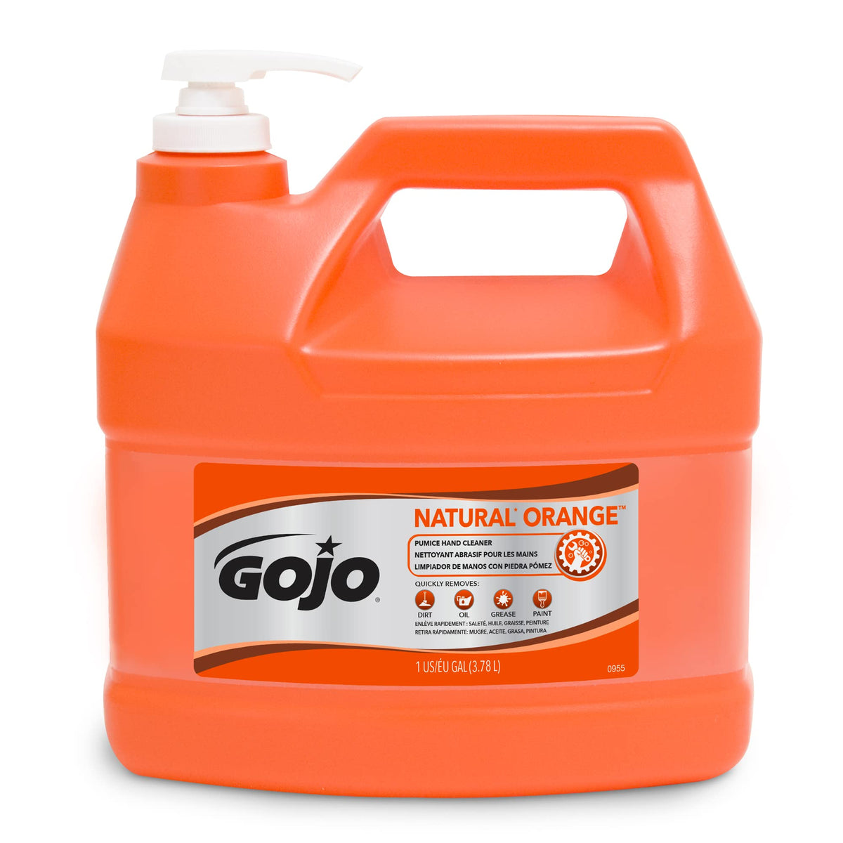 GOJO natural orange pump bottle front view showing label and pump for quick access