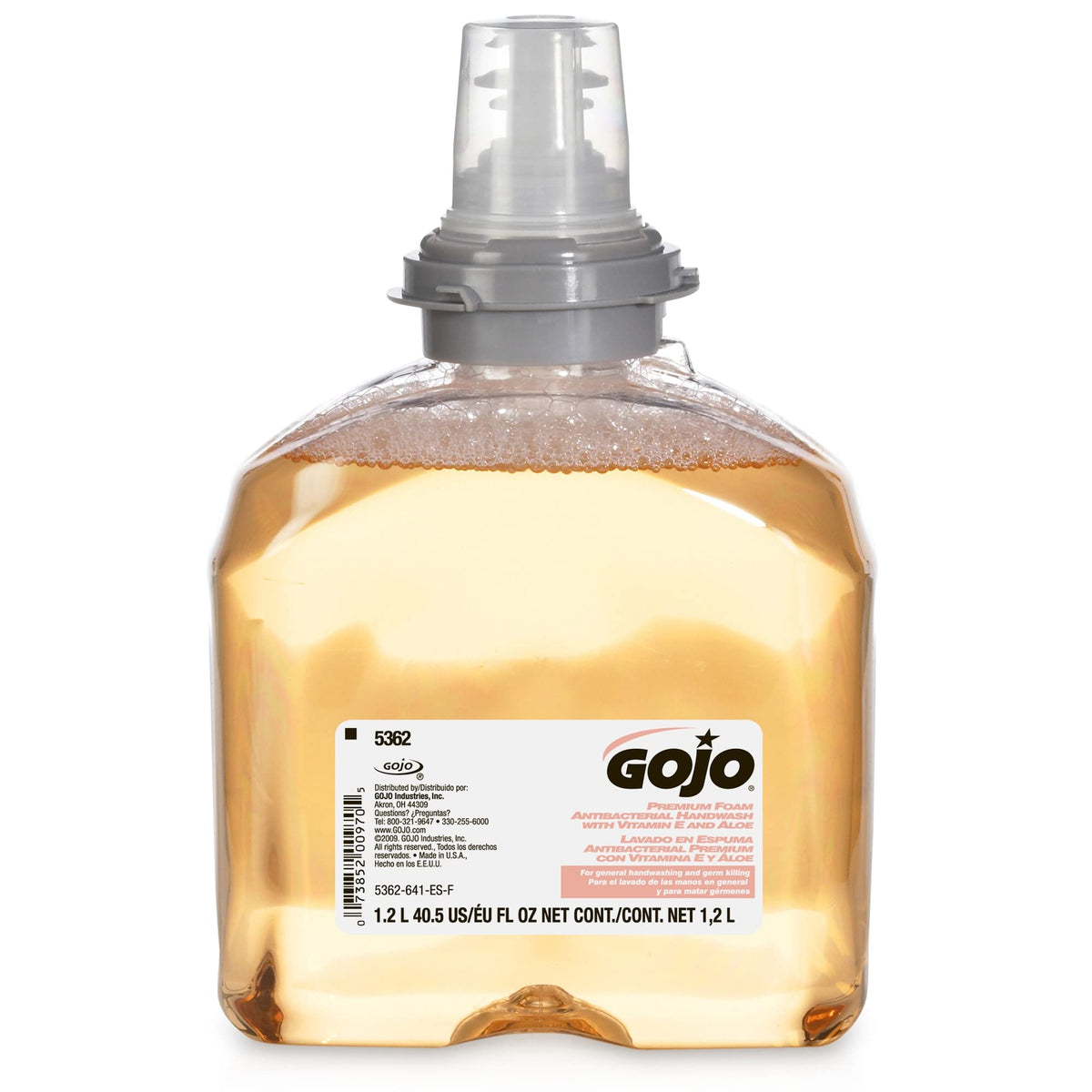 GOJO refill close-up on fresh dispensing valve highlighting sanitary-sealed replacement benefit