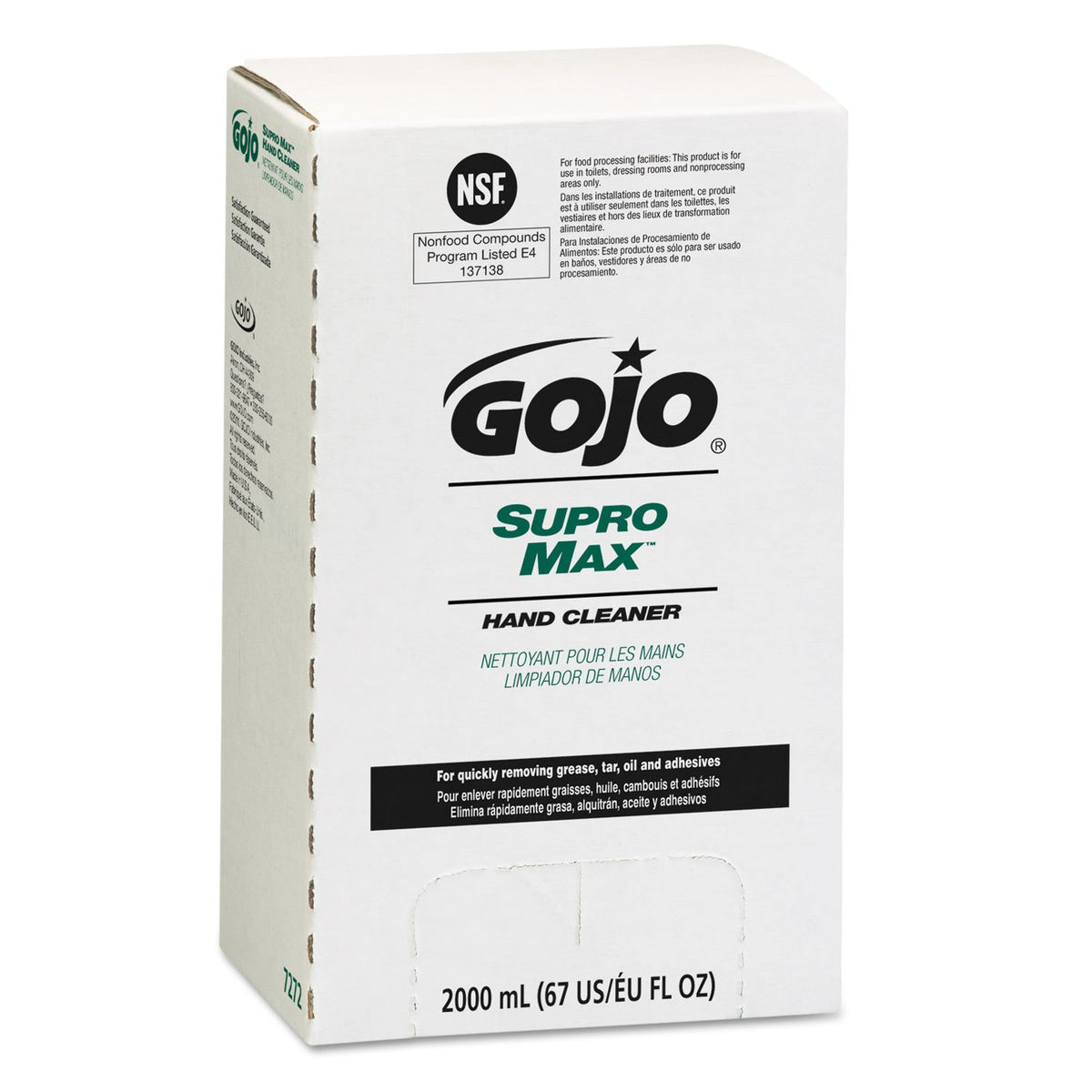 GOJO Supro Max front pouch showing sanitary sealed valve and easy refill benefit