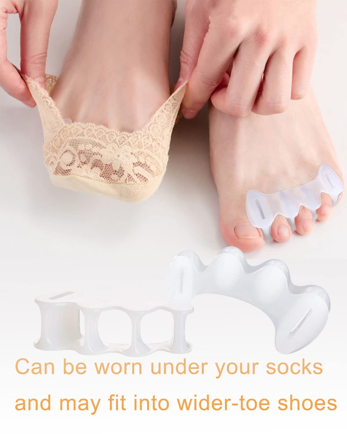 Golbylicc toe separators worn on foot demonstrating secure fit and reduced rubbing