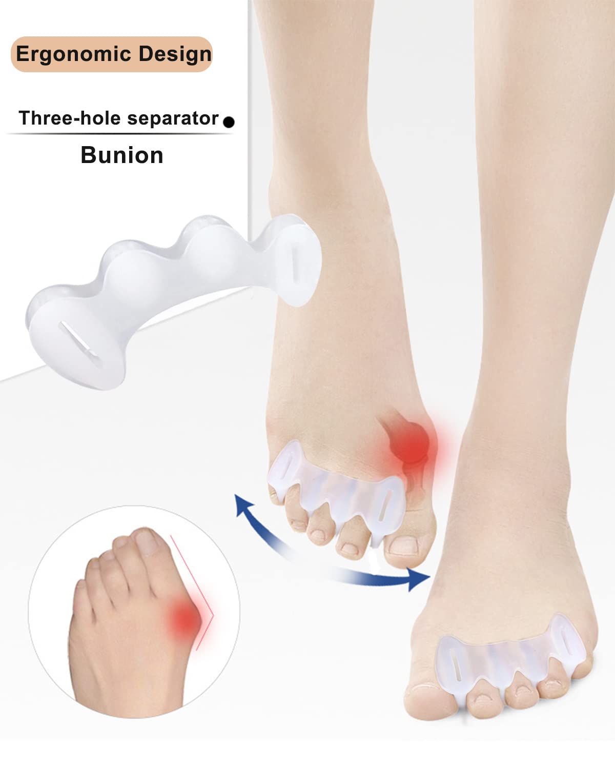 Golbylicc toe separator worn on foot showing secure fit and relief