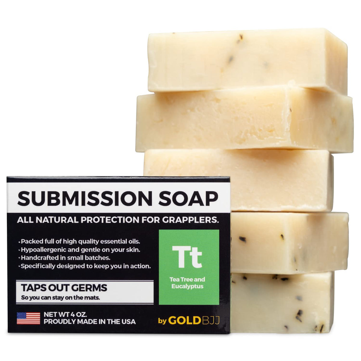 Gold BJJ front packaging showing five tea tree soap bars and clear labeling for quick grab