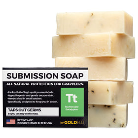 Gold BJJ front packaging showing five tea tree soap bars and clear labeling for quick grab