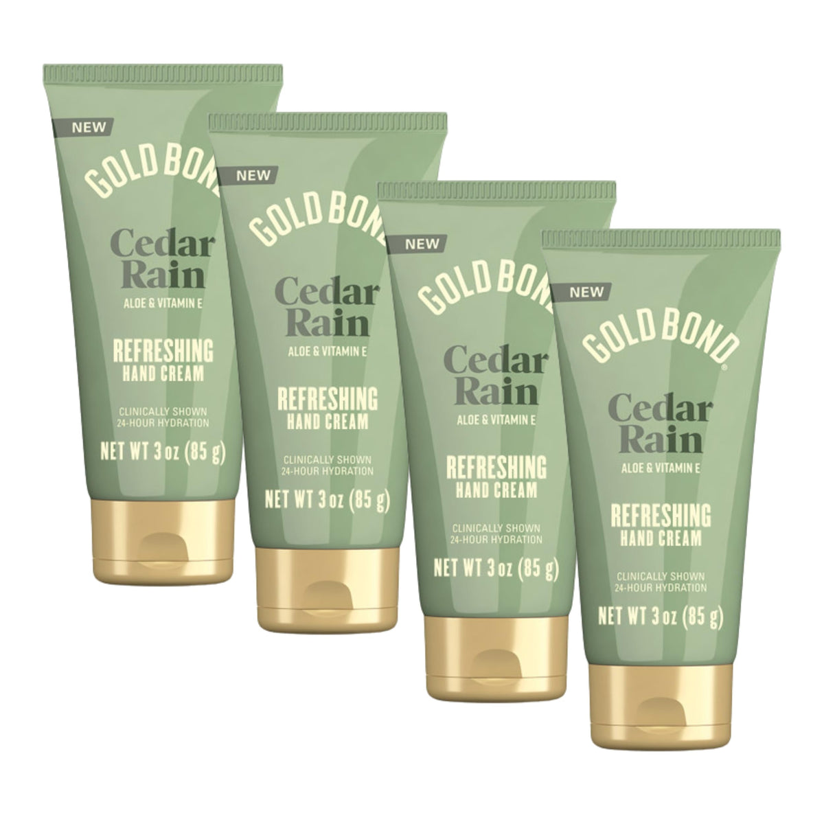 Gold Bond front packaging showing Cedar Rain hand cream tubes and benefits