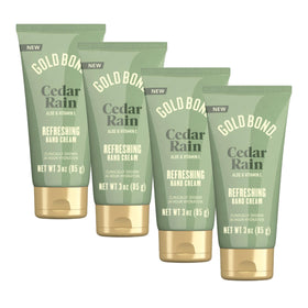 Gold Bond front packaging showing Cedar Rain hand cream tubes and benefits