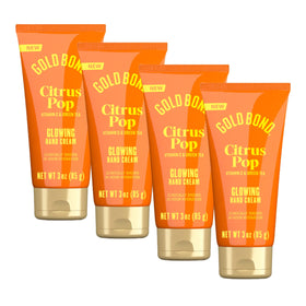 Gold Bond front packaging showing four 3 oz tubes and citrus design, easy portability benefit