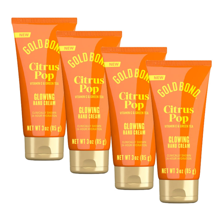 Gold Bond front packaging showing four 3 oz tubes and citrus design, easy portability benefit