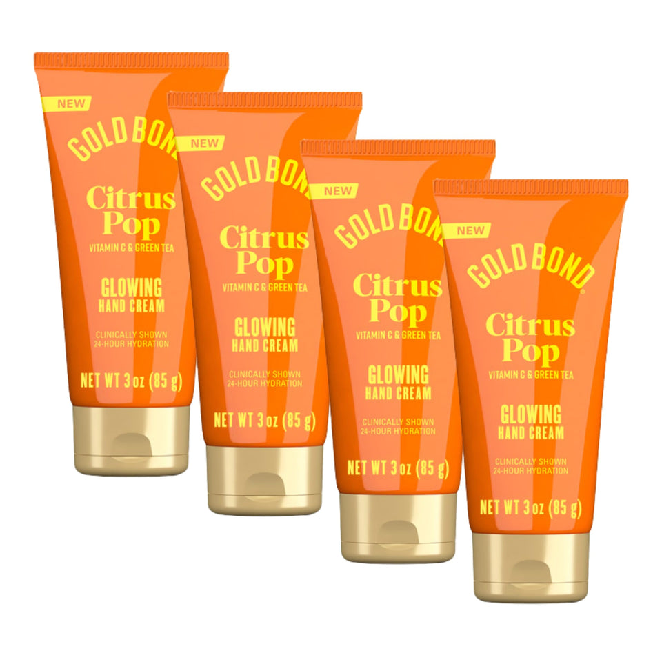 Gold Bond front packaging showing four 3 oz tubes and citrus design, easy portability benefit